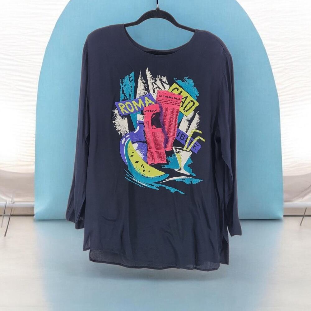 Carole Little USA Black Parisian Theme Art to Wear Roma Vintage Top Shirt 12 L